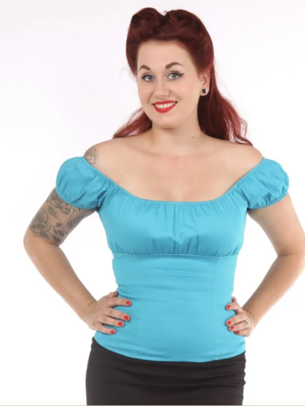 Pinup Couture Women's Bright Blue Spanish Peasant Puff Sleeve Top Sz 4X